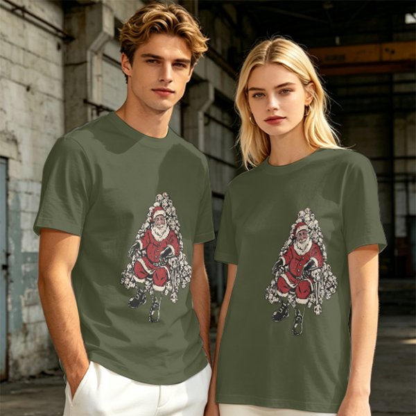Olive T-shirt with Santa Claus on Skull Throne Graphic