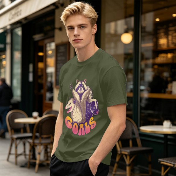 Olive Graphic T-Shirt With Raccoon Opossum Skunk 'GOALS' Print