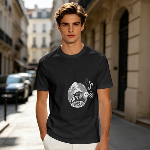 Olive Green T-Shirt With Wizard And Pizza Graphic Print