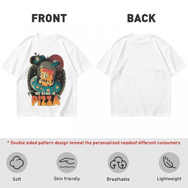 Olive t-shirt with space pizza alien graphic and 'We Came in Pizza' text