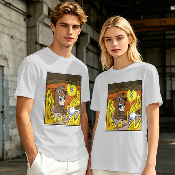 Olive T-shirt with Cartoon Bear Costume Figure in Flames Art