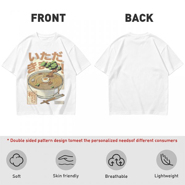 Olive green t-shirt with zen ramen bowl and bonsai tree print