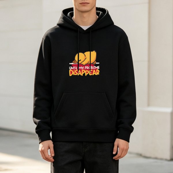 Black hoodie with sleeping duck graphic and 'Until My Problems Disappear' text
