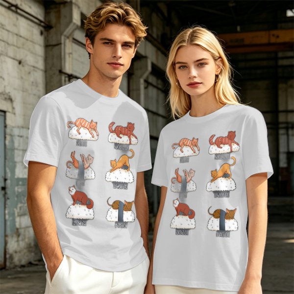 Olive green t-shirt with sushi cat illustrations