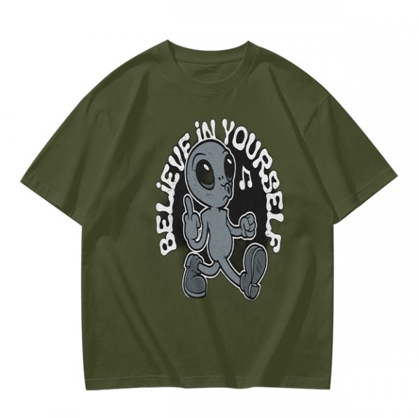 Oversized Olive T-Shirt With Alien 'Believe In Yourself' Graphic