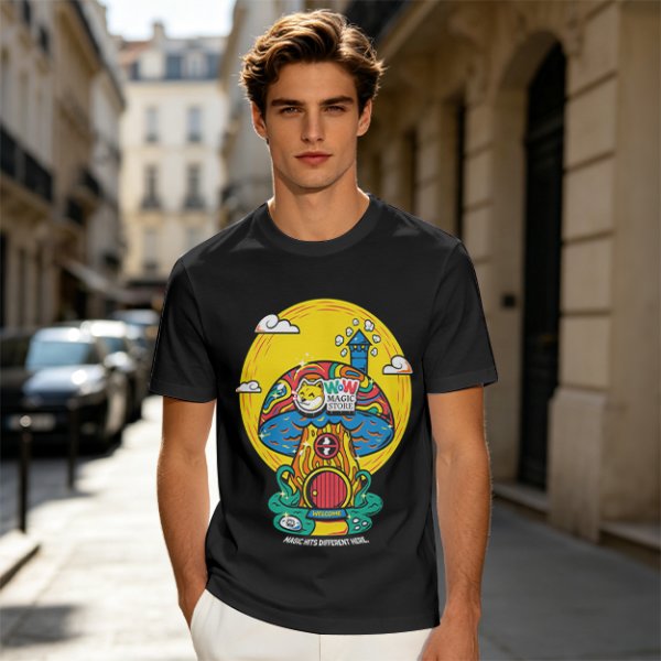 Olive T-Shirt with Trippy Mushroom House Graphic Design