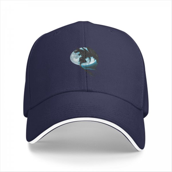 Black Baseball Cap With Dragon Silhouette And Full Moon Print