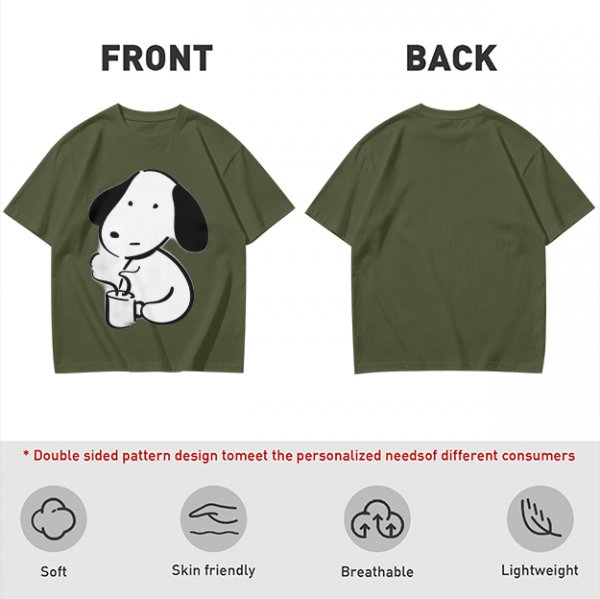 Olive Green T-Shirt With Cartoon Dog Holding Hot Drink Graphic