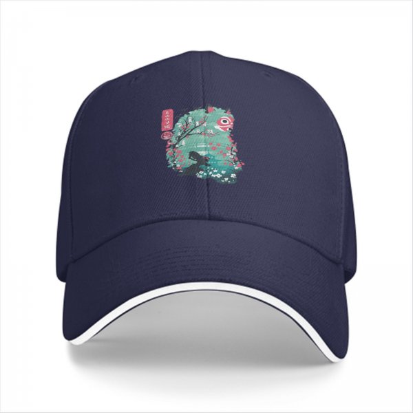 Black baseball cap with anime forest spirit graphic print