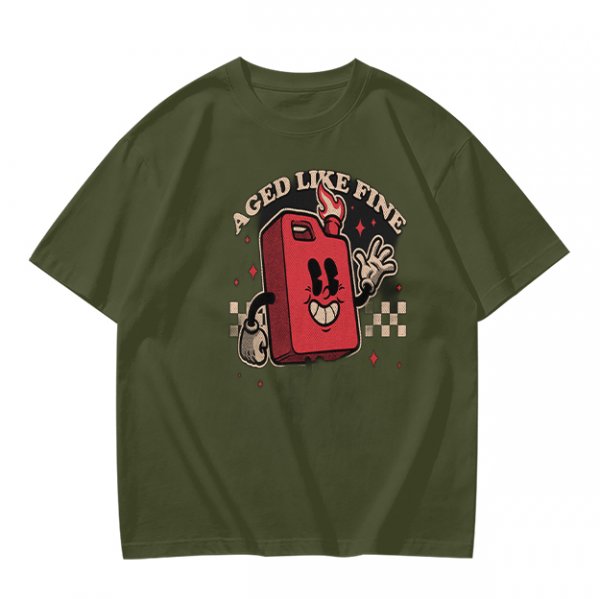 Olive T-Shirt with Retro Cartoon Gas Can 'Aged Like Fine' Print