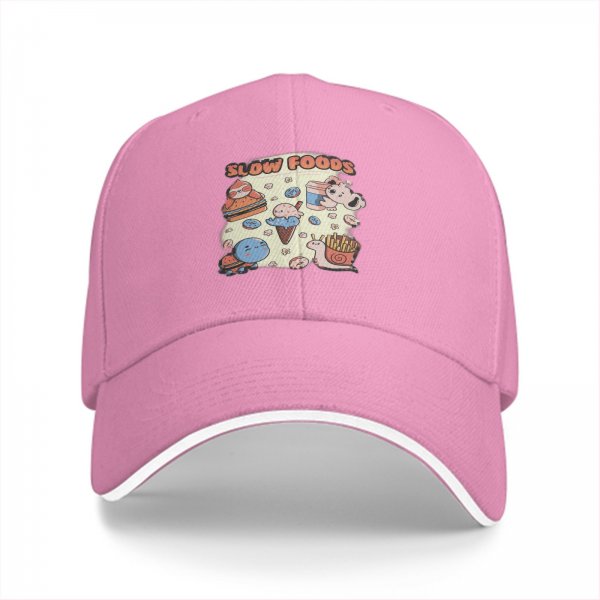 Black baseball cap with cute slow foods themed cartoon print