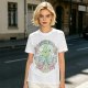 Olive Green Graphic T-Shirt With Whimsical Plant Creature And Floral Print