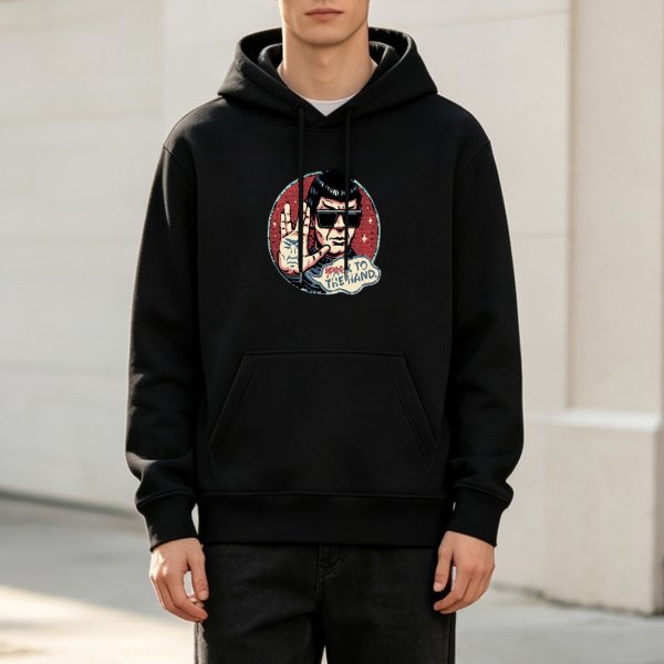 Black hoodie with Star Trek Spock 'Talk to the Hand' graphic