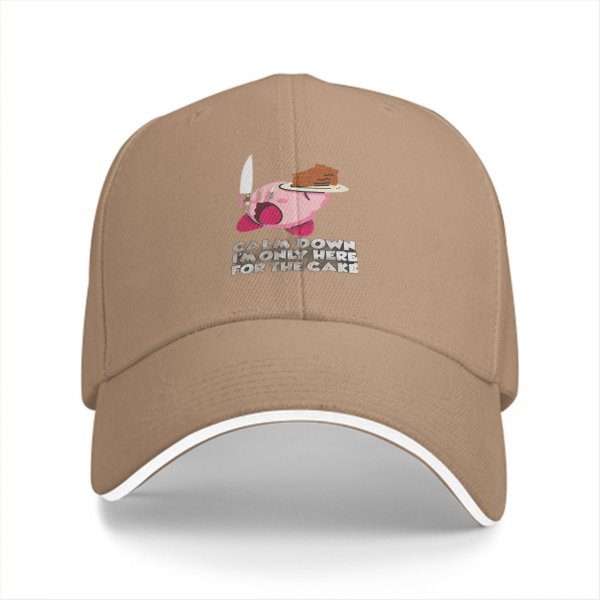 Black baseball cap with Kirby holding cake and knife, text 'Calm Down I'm Only Here For The Cake'
