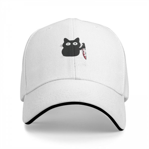 Black Baseball Cap With Cute Cat Holding Bloody Knife Print