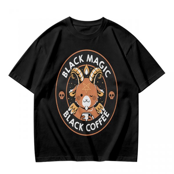 Olive t-shirt with black magic black coffee goat graphic print