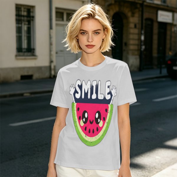 Olive T-Shirt With Cute Watermelon Graphic And Smile Text
