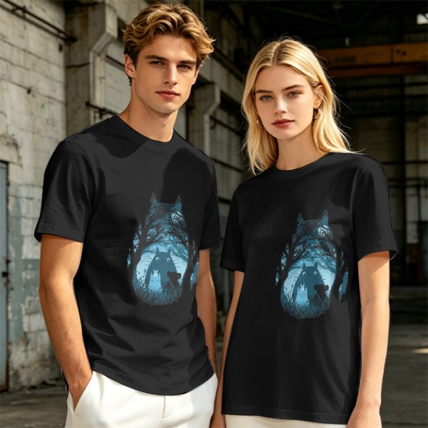 Olive T-shirt with Totoro Forest Silhouette Graphic Print