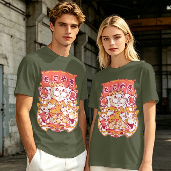 Olive T-Shirt with Cute Takoyaki Chef Graphic Print