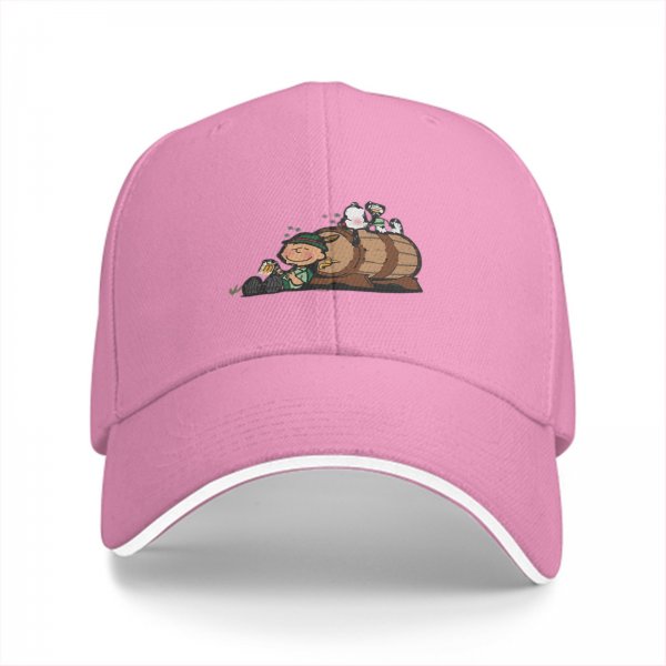 Black baseball cap with cartoon leprechaun and beer barrel graphic