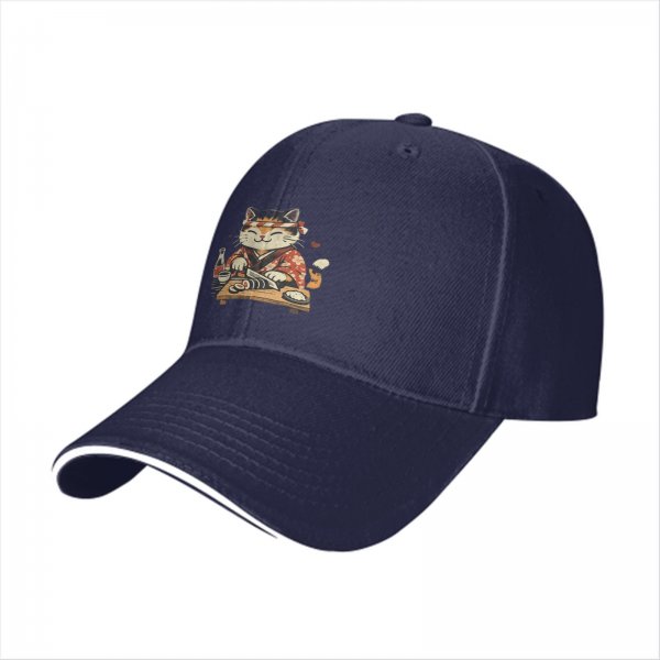 Black Baseball Cap With Cute Sushi Chef Cat Graphic