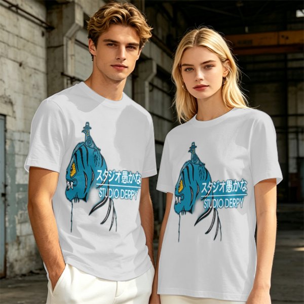Olive Graphic T-Shirt with Blue Tiger and Studio Derpy Text