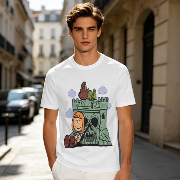 Olive T-shirt with Peanuts-style He-Man Castle Grayskull Graphic