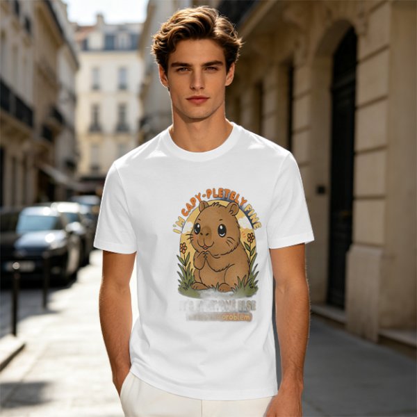 Olive t-shirt with cute capybara 'I'm capy-pletely fine' graphic