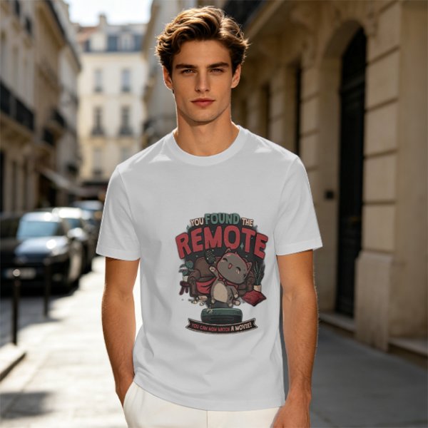 Olive t-shirt with cat graphic and 'You Found The Remote' movie text