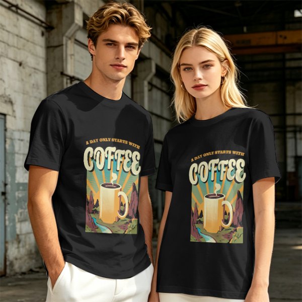 Olive Graphic T-Shirt With Coffee And Mountain Sunrise Design