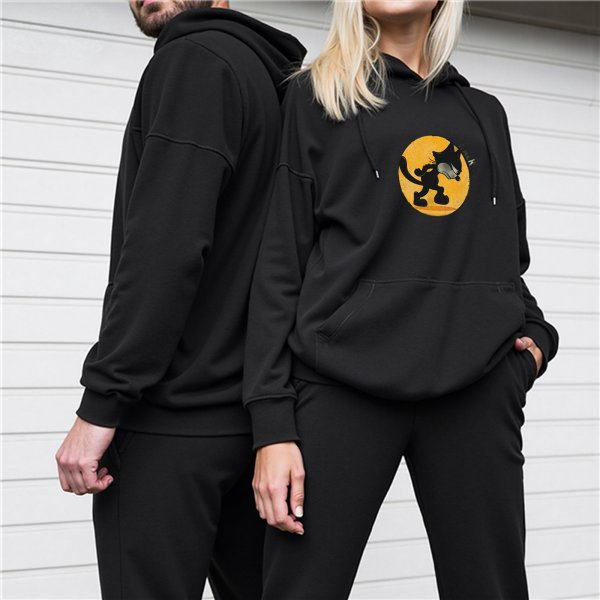 Black Hoodie With Silhouette Cat Against Yellow Moon Graphic