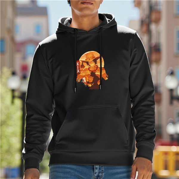 Black hoodie with anime character silhouette and sunset graphic