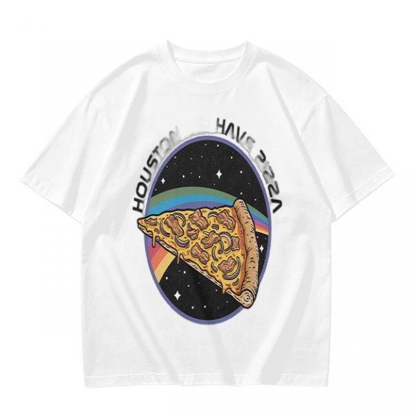 Olive t-shirt with space pizza graphic and Houston have pizza text