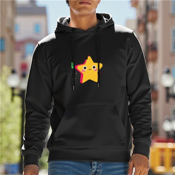 Black hoodie with cute smiling yellow star graphic print