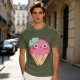 Olive T-Shirt With Cute Melting Pink Ice Cream Cone Graphic