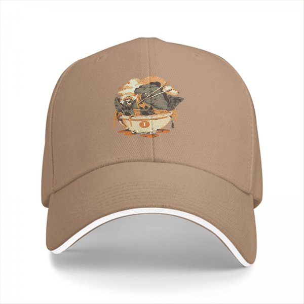 Black Baseball Cap with Dinosaur Eating Ramen Graphic