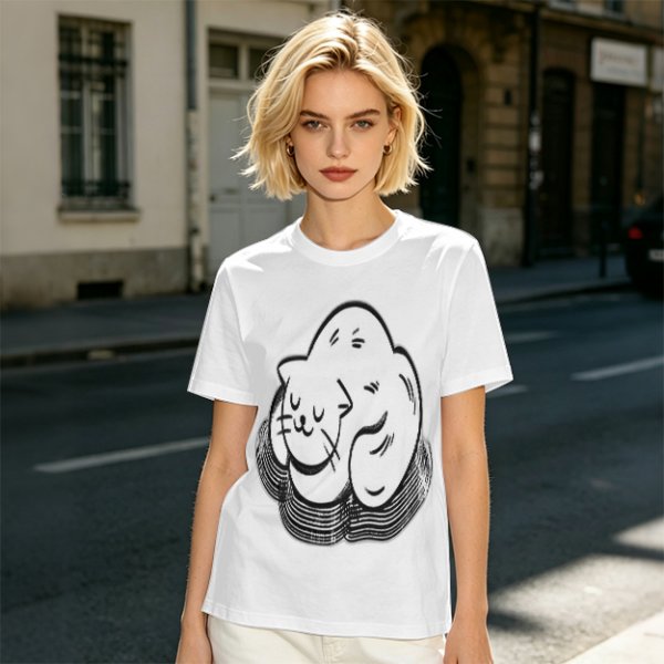 Olive Green T-Shirt With Sleeping Curled Cat Graphic Print