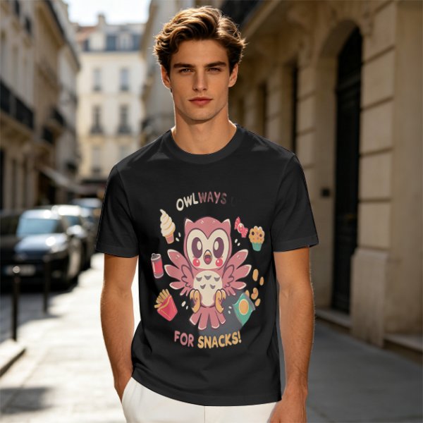 Owlways For Snacks Cute Graphic T-Shirt with Owl and Treats