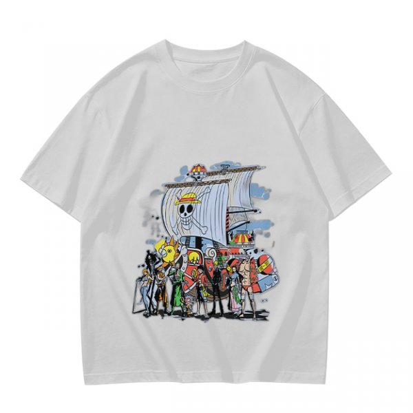 Olive T-Shirt with One Piece Straw Hat Pirates Crew and Ship Print