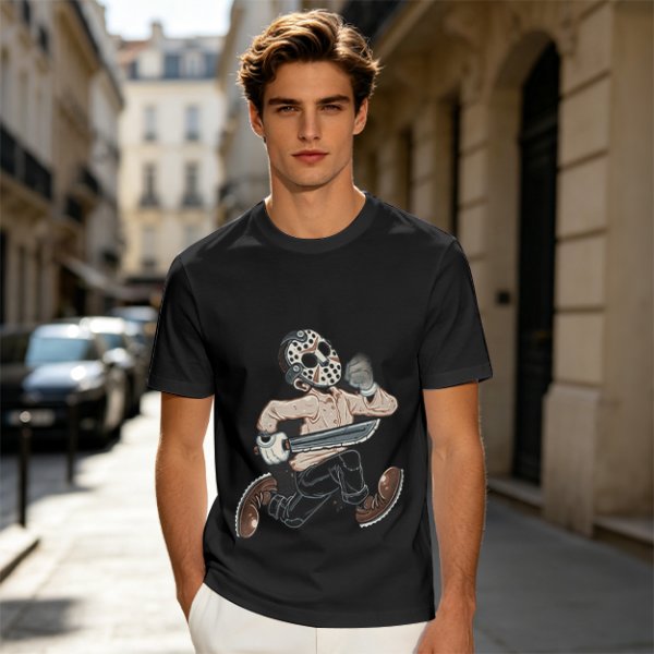 Olive T-Shirt with Cartoon Jason Voorhees Graphic Print