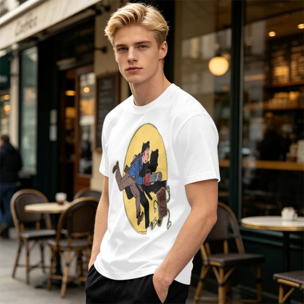 Olive T-shirt with Cartoon Chainsaw Action Character Print