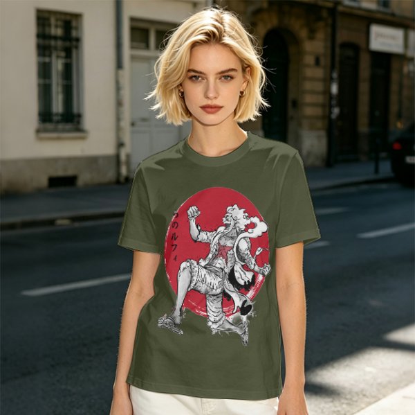 Olive T-shirt with Luffy Gear 5 Sun God Nika Anime Print