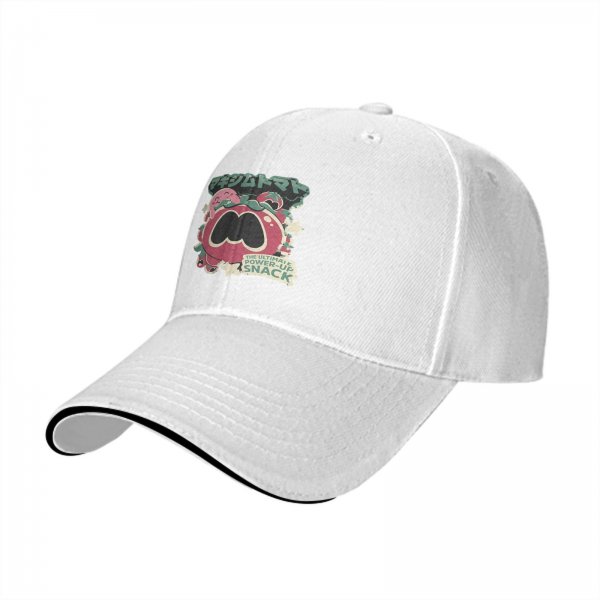 Black baseball cap with tomato power-up snack graphic