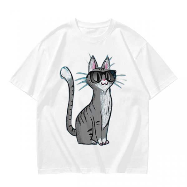 Olive T-Shirt With Cool Gray Cat Wearing Sunglasses Print