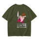 Olive t-shirt with Kirby holding knife and cake, text Calm Down I'm Only Here For The Cake