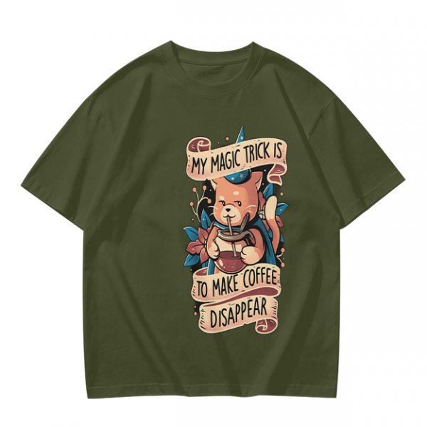 Olive t-shirt with a cat wizard making coffee disappear magic trick print