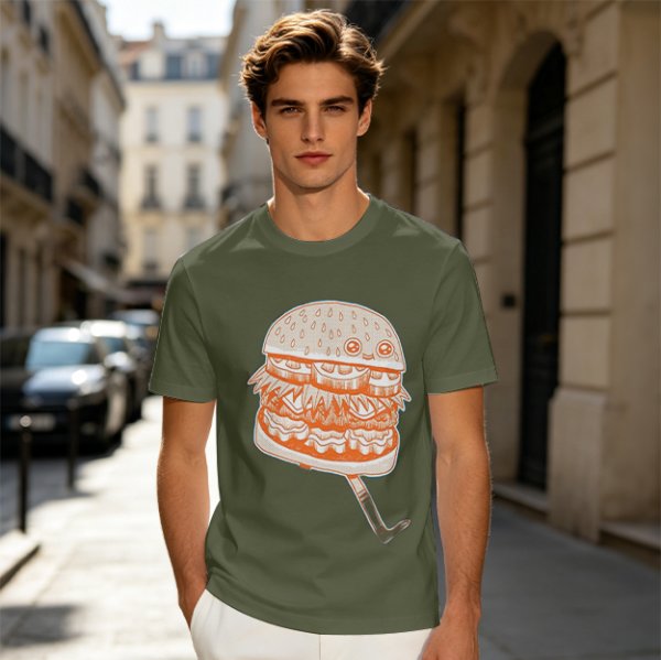 Olive T-Shirt With Cute Cartoon Hamburger Print