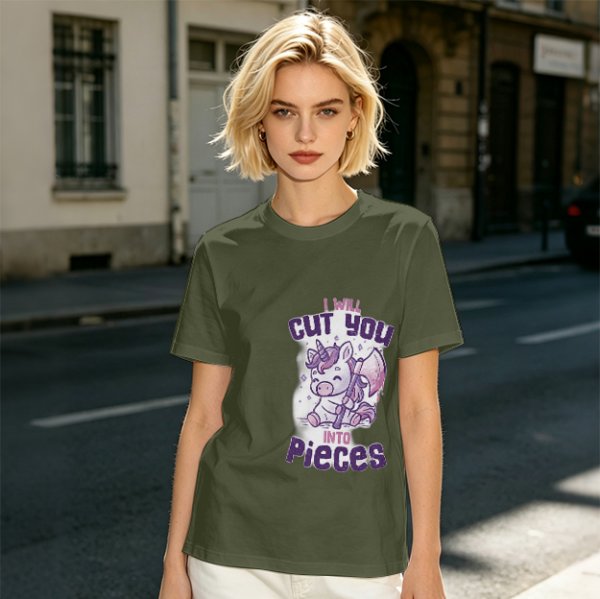 Olive t-shirt with a cute unicorn holding an axe and the text I will cut you into pieces