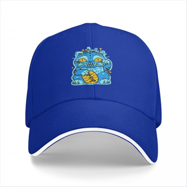 Black Baseball Cap With Blue Maneki-Neko Lucky Cat Graphic