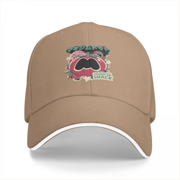 Black baseball cap with tomato power-up snack graphic